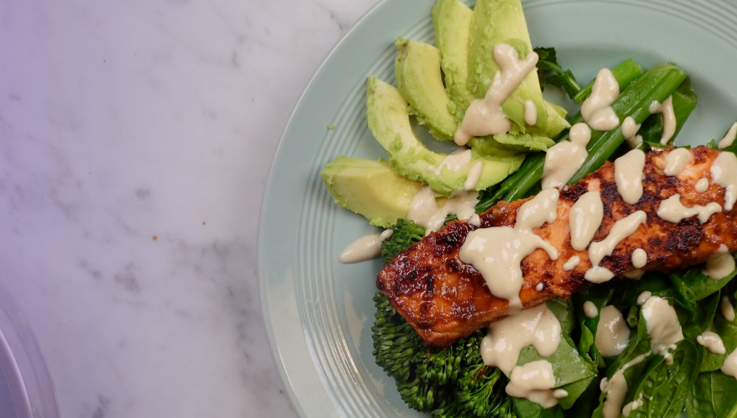 Sautéed Greens with Miso Salmon and Tahini Dressing