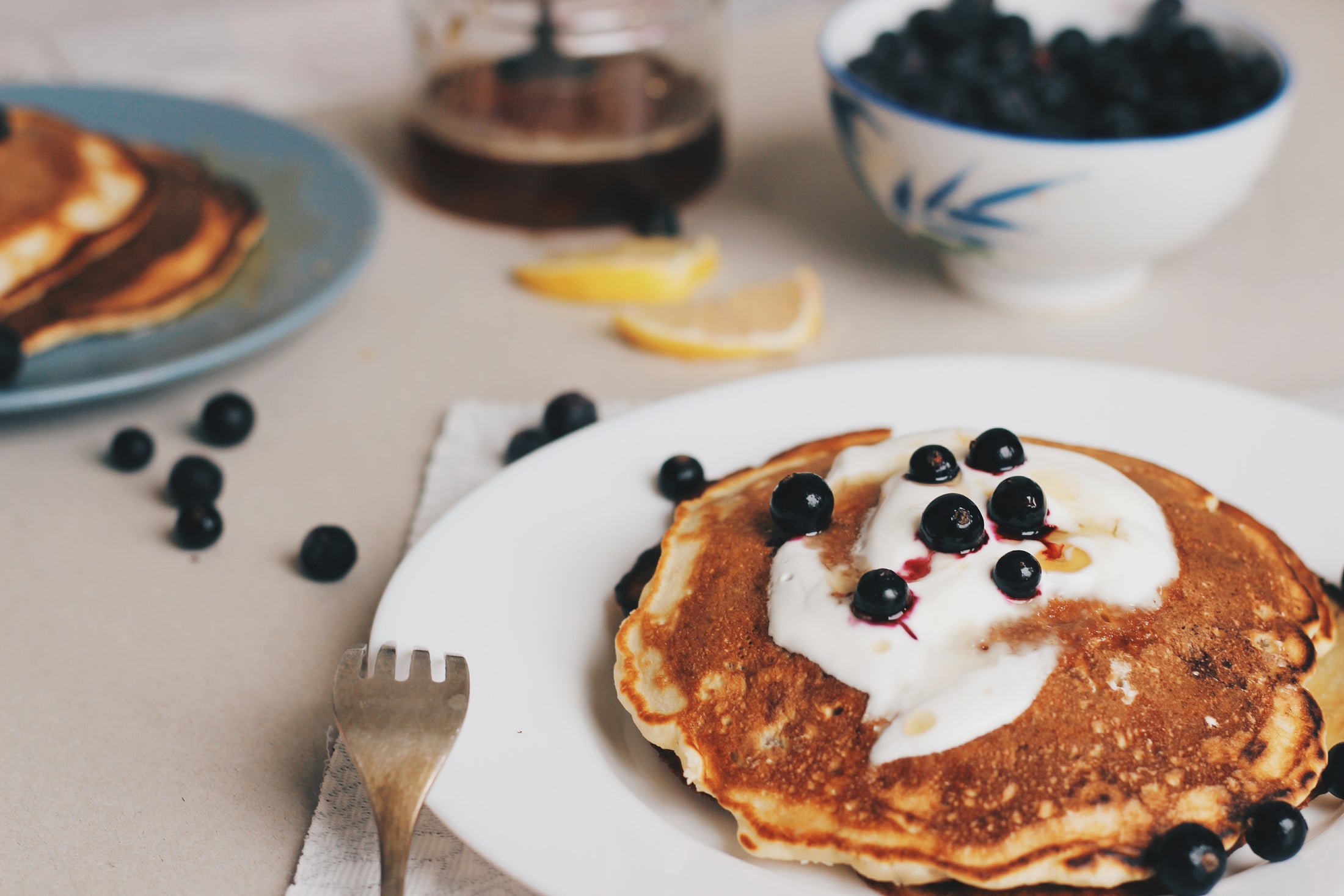 Coconut Pancakes with a blueberry + lemon coulis