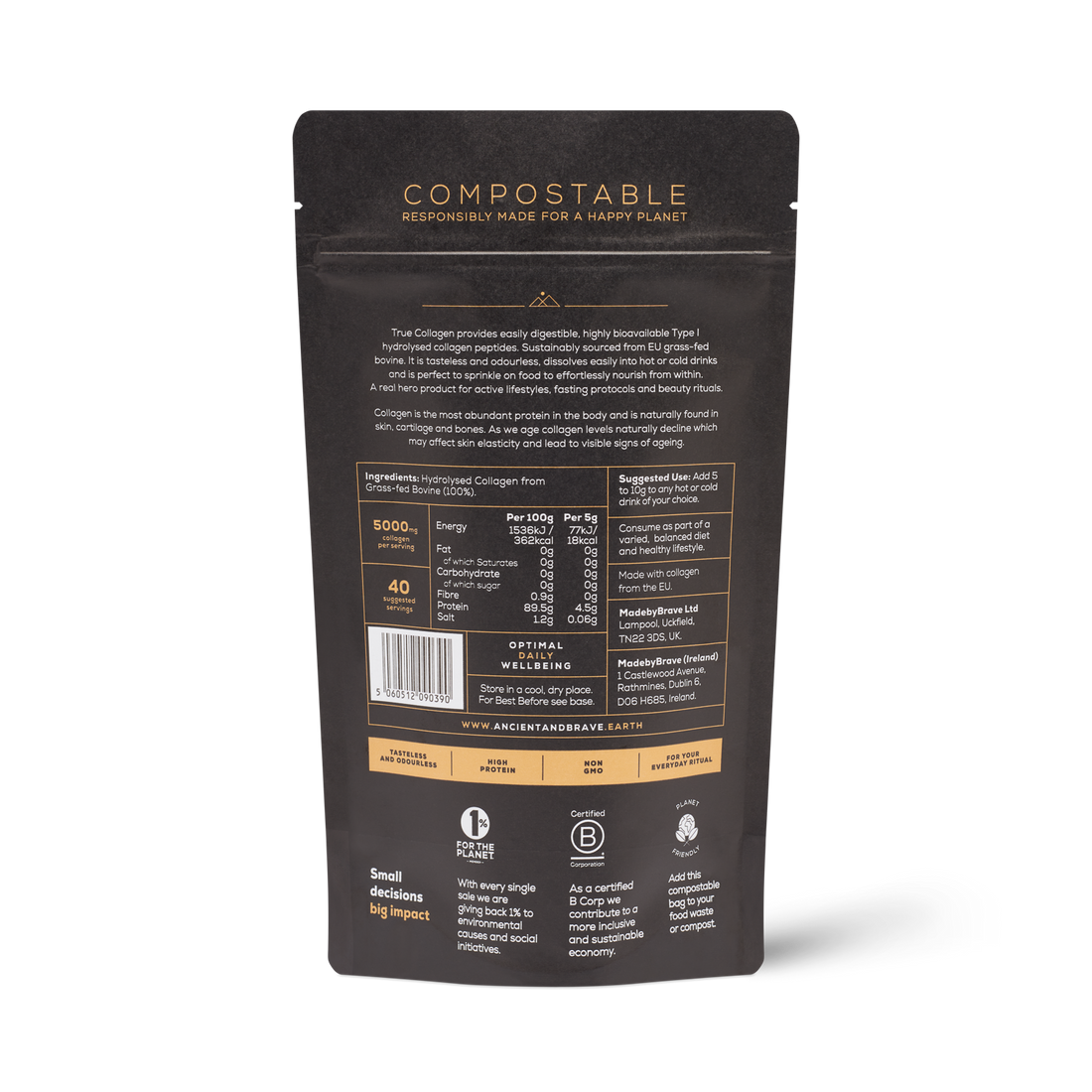 Hydrolysed bovine collagen peptides in a compostable pouch from Ancient and Brave