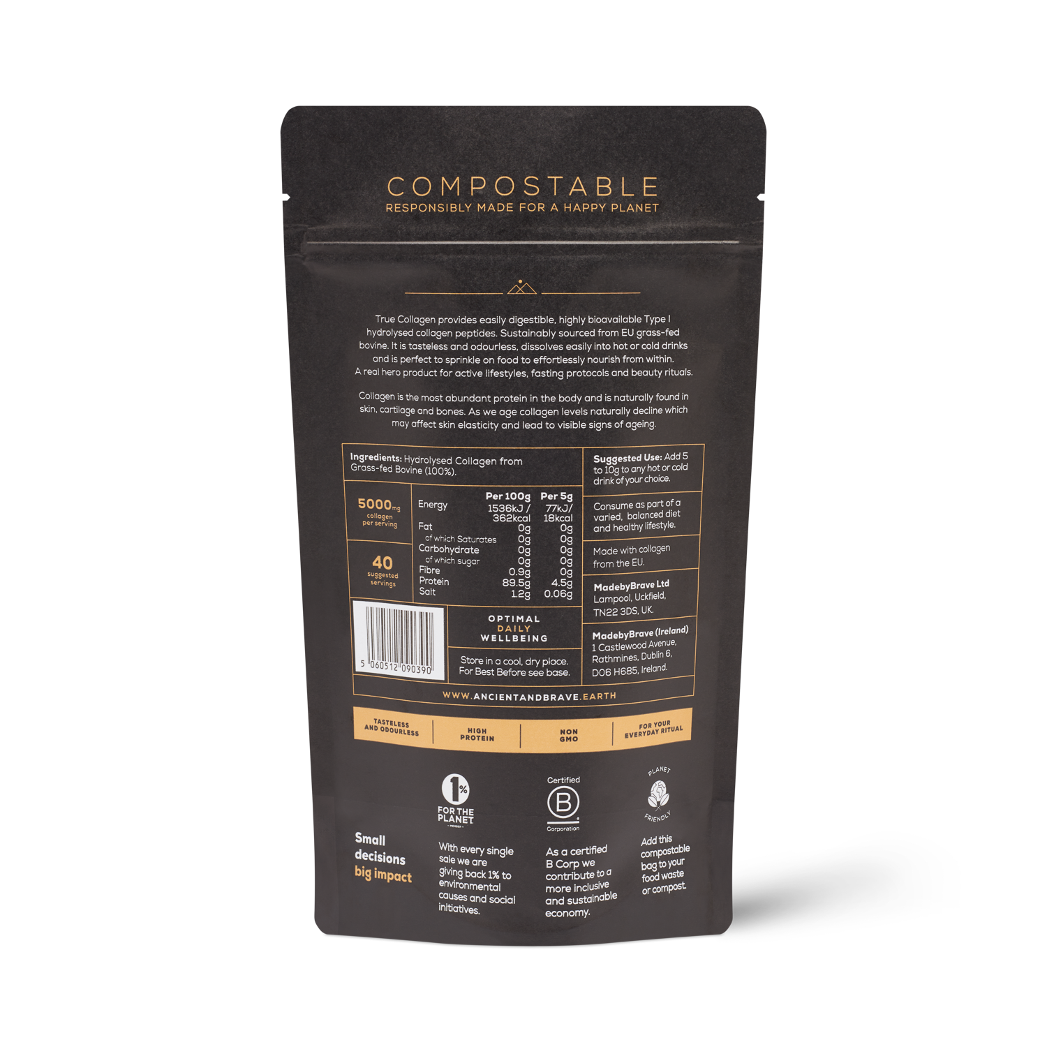 Hydrolysed bovine collagen peptides in a compostable pouch from Ancient and Brave