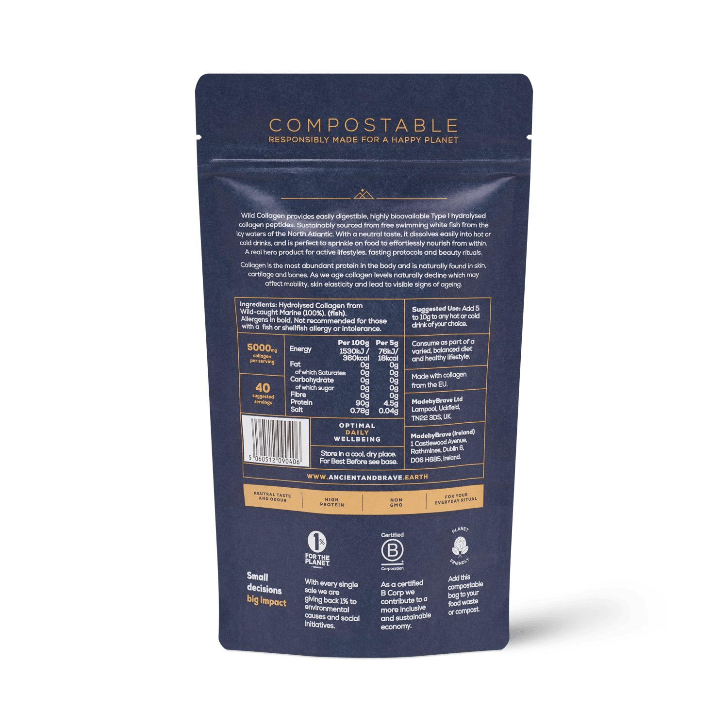 Type I hydrolysed marine collagen powder from Ancient and Brave in compostable pouch